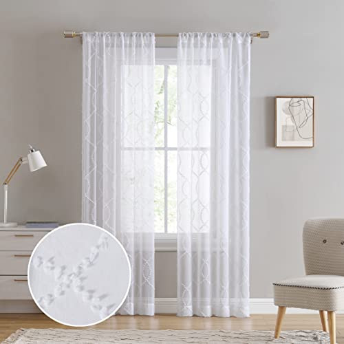 Laura Ashley Lattice Sheer Curtains with Rod Pocket, Each Panel Measures 38 W x 84 L, White, 2 Panels