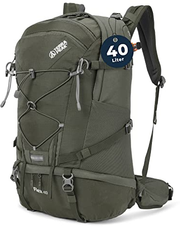 Terra Peak® Sac à dos de randonnée 40L (FLEX 40) grand vert olive femme et homme - Sac a dos de trekking, chasse et voyage (respirant, imperméable) - Sac alpinisme, escalade et de jour (ergonomique)