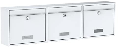 BASI Lot de 3 boîtes aux lettres murales en acier - Couleur : blanc - Avec plaque nominative - Serrure à cylindre avec 2 clés - Matériel de fixation - Système de boîte aux lettres - Lot de 3