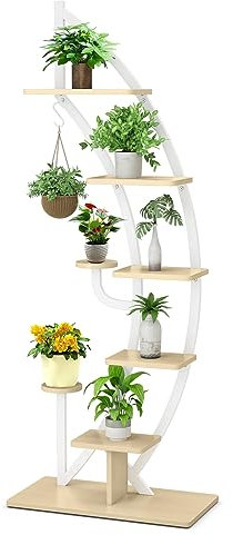 TANGZON 8-Tier Plant Stand, Curved Half Moon Shape Ladder Flowers Shelf with Hook, Indoor Metal Frame Creative Flower Pot Rack for Living Room, Bedroom and Entryway (1 Pack, White + Natural)