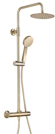 ENKI, Dune, SH0620, Brushed Brass, Thermostatic Shower Mixer Set, Solid Brass, Overhead Shower, Hand Shower, Anti-Scald Device, Contemporary Design, 1-Year Guarantee
