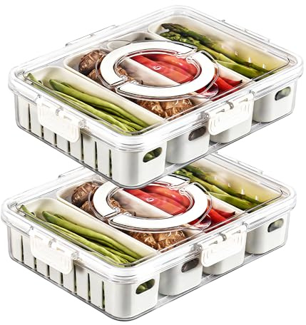 2Pack Divided Veggie Tray with Lid and Handle 4 Compartment Serving Tray with Dividers Portable Travel Snack Storage Containers Stackable Snackle Box Charcuterie Container for Fruit,Vegetable,Salad