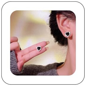 Allereya Orecchini a perno vintage a forma di cuore con strass neri, smaltati neri, orecchini a forma di cuore con zirconia cubica, gioielli per donne e ragazze, Zinco, Nessuna pietra preziosa
