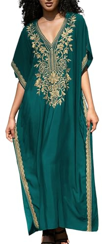 Women Golden Leaf Embroidery Loose Lightweight Kaftan Kimono Cardigan Casual Beach Cover Up Long Caftans Bathing Suit Maxi Dress Green