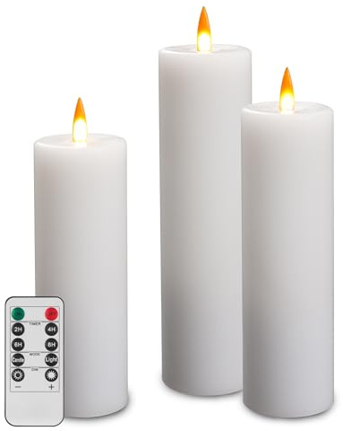 Da by 3 Pack White Real Wax Flameless LED Candles, Lifelike Flickering Flame Candles with Remote Control, Soft Natural Warm Light, 5.5cm D 14.5/17.5/21.5cm, Indoor Outdoor Wedding Party Home Decor