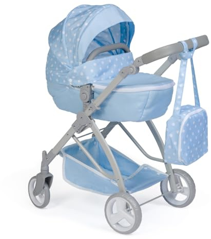 JC Toys - Carrello pieghevole per bambole fino a 45 cm, cestino, tettuccio, borsa da passeggio, manubrio regolabile, navicella rimovibile, ideale per giocare e passeggiare, blu, progettato da