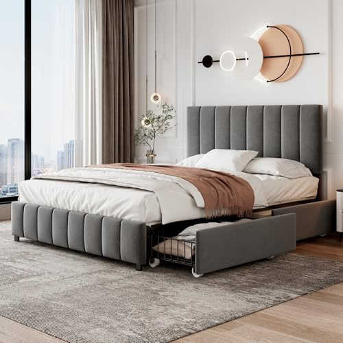 BTM 4FT6 Upholstered Double Bed Frame with 4 Drawers, Adjustable Headboard and Metal-Wood Support, Grey Velvet (No Mattress), 135x190cm