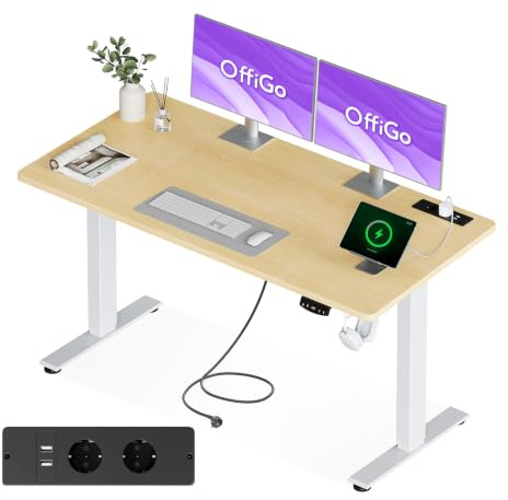 OffiGo Scrivania Regolabile in Altezza, 160×80cm Scrivania Elettrica con Prese et Porta di USB, Scrivania in Piedi con 2 impostazioni di Memoria, Standing Desk per Computer per Ufficio, Bianca