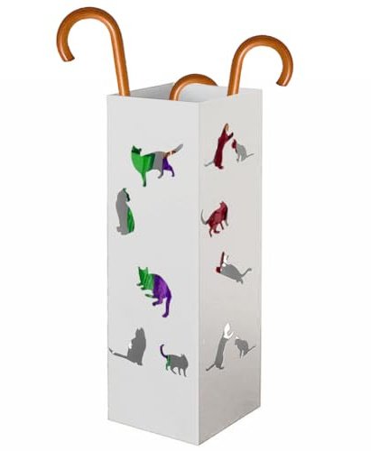 BAKAJI Portaombrelli da Ingresso in Metallo 15.5 x 15.5 x 49 cm, Forma Quadrata, Design Gatti, Porta Ombrello Decorativo Elegante e Salvaspazio, Ideale per Organizzare Ombrelli (Bianco)