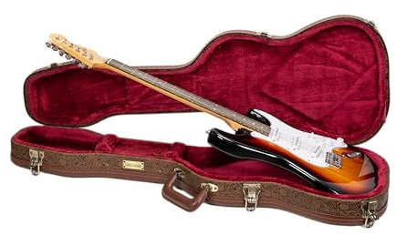 Crossrock konturerat trä elgitarrfodral för Fender Stratocaster & Telecaster | Blomning brun finish, vinröd sammet interiör, lås – designerserie – blommig brun (CRW530STBQ)