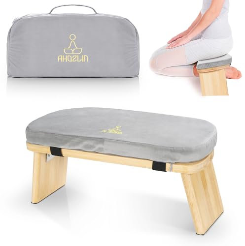 IPEB Meditationsbank Klappbar, Ergonomischer Bambus Yoga Hocker, Meditationshocker mit Kissen, Tragbarer Meditationsstuhl mit Tragetasche zum Knien, Gebet, Fortgeschrittene Praxis (Grau)