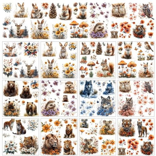 AHANDMAKER 12 Sheets Woodland Creatures Rub On Transfer Stickers, Animal and Plants Themed Window Decoration Featuring Bears, Deer, Rabbits and More for Nature Lovers Creative Decor, 5.5 x 5.5 Inches