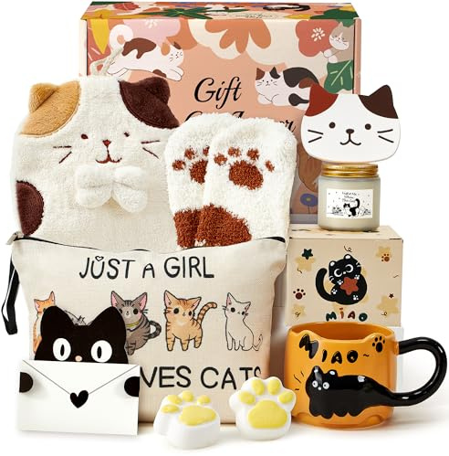 Cat Birthday Gift Set for Girls Women Girlfriend, Gift for Cats Lovers | Cat Cup, Coaster Cosmetic Bag Scented Candle Keychain Funny Cups Birthday Set for Women Girlfriend