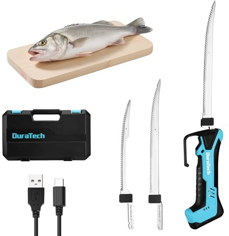 DURATECH Couteau à Filet Électrique sans Fil, Couteau à Filet de Poisson Rechargeable avec 2 Lames(20cm/25cm), Poignée Antidérapante, Verrou de Sécurité, LED, Idéal pour Cuisine, Pêche, Professionnels