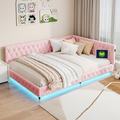 YNYHTER Sofá Cama de Matrimonio140x200, Sofa Cama de 2 Plazas Cama De Invitados Cama de Día Doble Sofa Camas Multifuncional Sofá Camas con Luces Led Camas con Sofás,sin colchón (Rosa+LED, 140x200cm)