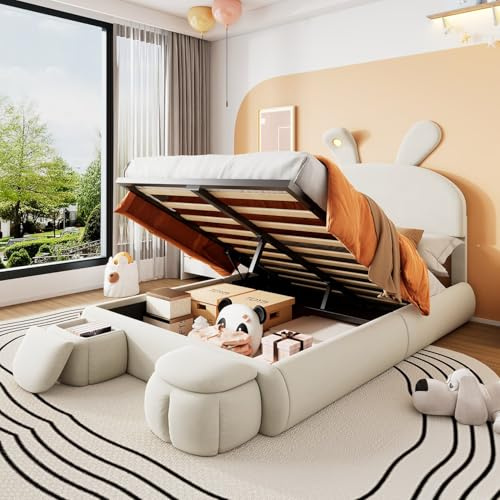 PUGSDRLY Lit Coffre 140x200 cm Lapin avec LED Réglable,2 Bancs de Rangement,Tête Réglable,Lit Double avec Rangement,Sommier à Lattes,pour Adolescents,Enfant,Velours (Beige, 140x200cm)