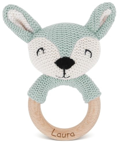 GRAVURZEILE Anneau de dentition en bois gravé - Tête d'animal lapin - Personnalisable avec nom - Cadeau de naissance pour bébé - Peluche en coton - Hochet pour bébé - Cadeau de baptême pour nouveau-né