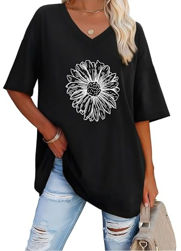 Litherday T Shirt Femme Oversize Col V T Shirt Long Femme Manches Courtes Basic Tops Ete Grande Taille Imprime Marguerite Haut Decontracte T Shirt Blouse, Noir, XL