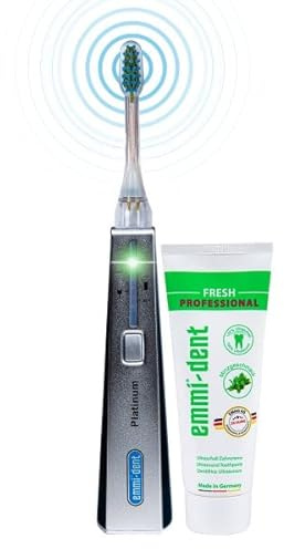 Emmi-dent Electric Toothbrush Set - Carbon. 100% Ultrasound Technology removes Harmful Plaque Without Abrasive Brushing. Ideal for Sensitive Teeth & Gums. with Nano-Bubble Toothpaste. Rechargeable.