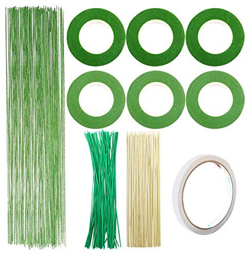 Woohome 10 Pz Kit de Herramienta de Arreglos Florales Cintas Florales de 2 Estilos, Alambre Floral Wire 26, Brida de Cable Floral Verde y Varilla de Bambú para Los Amantes del Diseño Floral