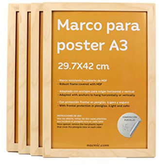 Nacnic - Pack 4 Marcos de Madera MDF y Vidrio Acrílico | Protección y Expositor de Fotografías, Láminas, Pósters, Cuadros y Decoración para Salón, Dormitorio u Oficina | A3 (29,7x42 cm)
