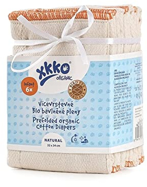 XKKO - Prefolds - 100% Bio-Baumwolle - Birds Eye - 6 Stück - versch. Größen Größe Small (orangener Saum) - 32x34 cm (3-7 kg)