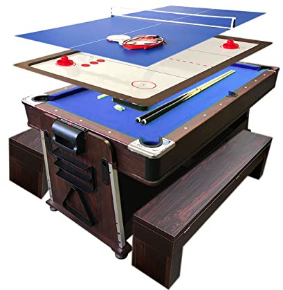Table Multijeux Table Billard Transformable en Air Hockey – 7 Pieds Mattew Bleu avec Bancs Conteneurs