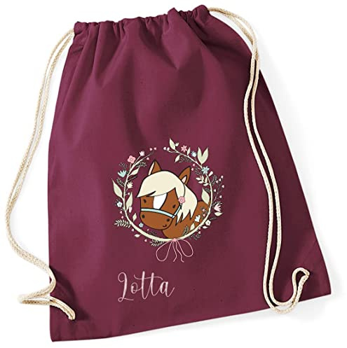 minimutz Personalisierter Turnbeutel für Mädchen mit Namen | Motiv Pferd und Blumen-Kranz | Stoffbeutel mit Kordel zum Zuziehen | Geschenk-Idee für Kinder (burgund)