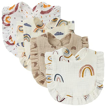 Nishine 4 PACK Solid Muslin Baby Drool Bibs Set for Unisex Boys Girls Cotton Adjustable Teething Feeding Drooling Bibs (Rainbow Set)