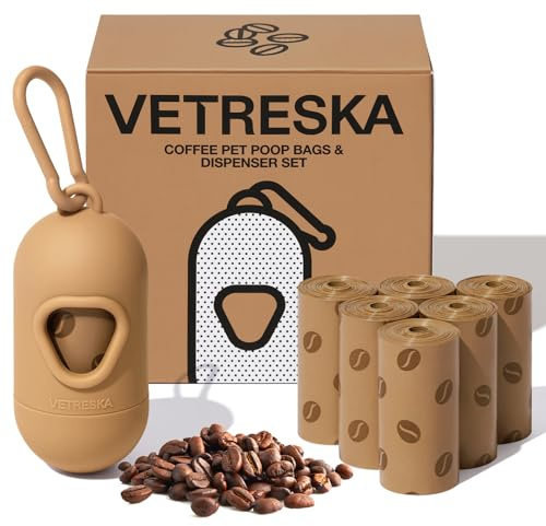 VETRESKA Sacs à Crotte pour Chien avec Sacs à Déchets à Arôme de Café, Étanchéité Garantie, Extra Épais et Résistant, 1 Distributeur et 105 Sacs à Crotte pour Animaux pour Chiens et Chats