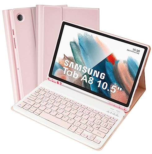SOPPY Custodia Tastiera Bluetooth per Samsung Galaxy Tab A8 10,5 2022 (SM-X200/ X205 /X207), Tastiera Italiana, Rimovibile Magneticamente, Porta S Pen, Design Sottile, Rosa