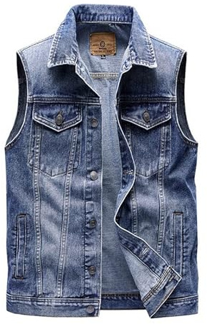 Gilet Cowboy Punk pour Homme Gilets en Denim Bleu de Course à la Mode Veste en Jean sans Manches à Revers rétro