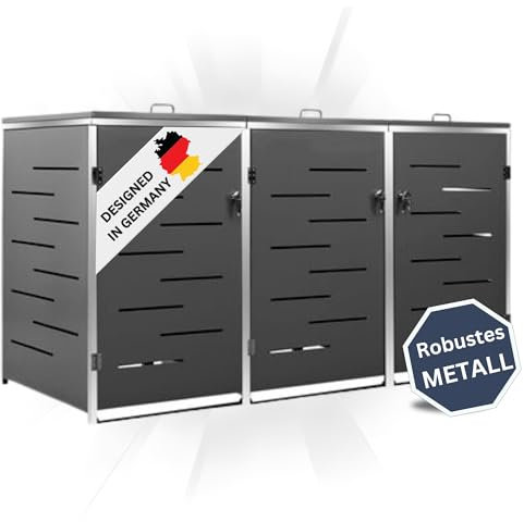 DELUKE 3er Mülltonnenbox JAGU Edelstahl | Anthrazit | 115x207x77,5cm | Mülltonnenverkleidung für 3 Tonnen 240L Müllbox aus Metall Mülltonnenschutz Mülltonnendach