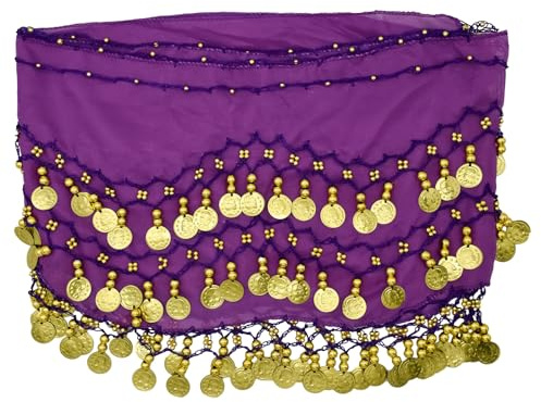 PAITOK Bufanda de cadera para danza del vientre,cinturón de danza del vientre para mujeres con 128 monedas doradas,bufanda de bailarina,disfraces,falda de danza envolvente para niñas (Morado)