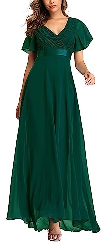 ECDAHICC Damen Abendkleider Gürtel V-Ausschnitt Hohe Taille A-Linie Chiffon Brautjungfernkleid Elegant Lang Ballkleid(GR,XL)