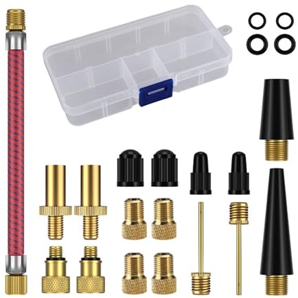 EUZUXU Embout Pompe Velo Ensemble, Kit de Adaptateur de Valve de Vélo DV AV SV, avec Boîte de Rangement, pour Vélo, Pompe à Vélo et Compresseurs Pompes
