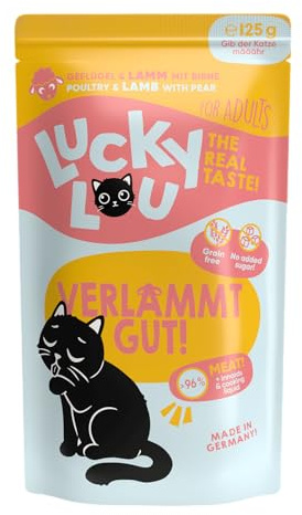 Lucky Lou Lifestage Katzenfutter nass - hochwertiges Katzenfutter mit hohem Fleischanteil - Nassfutter getreidefrei & ohne Zucker für Katzen (125g (16er Pack), Adult Geflügel & Lamm)