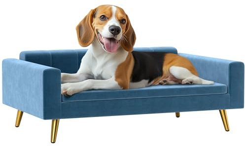 PawHut Divano Cane, Letto per Cane, Rivestimento in Velluto Setoso, 94 x 59,5 x 31,5 cm, Design scandinavo, Divano per Cane su Piedi, con Cuscino Soffice, Piedi in Acciaio Inossidabile, Blu