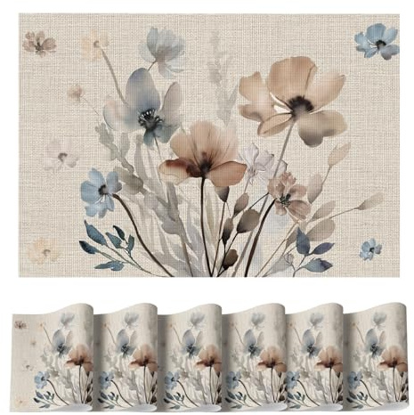 Artoid Mode Brown Poppy Floral Vinyl Spring Placemats Set of 6, Wipeable Plastic Woven PVC Table Mats for Party Kitchen Dining Decor, 12x18 Inch