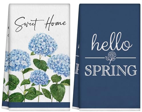 VeIef Geschirrtuch Frühling, Küchentücher Blau Hortensien Geschirrtücher Blumen, 2er Set Küchenhandtücher Saugstark Polyester 43x66 cm, Hallo Frühling Home Dekoration