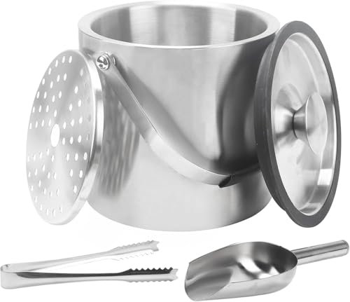 Minnhua 3L Eiswürfelbehälter mit Deckel Sektkühler Flaschenkühler Champagner Kühler Doppelwandiger Eiskübel Aus Edelstahl mit Deckel Sieb Eisschaufel und Eiszange für Partys Bier Cocktailbars