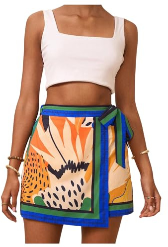 MakeMeChic Women's Floral High Waist Skirt Wrap Knot Side Summer Short Skirts Multicolor Small