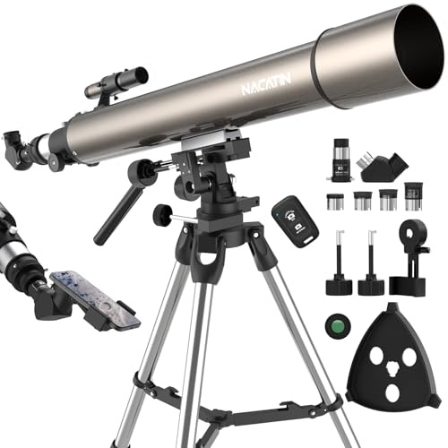 NACATIN 102mm Astronomical Refractor Telescope for Adults & Kids, 900mm Focal Length with Slow-Motion Controls, 4 Eyepieces, Stainless Steel Tripod