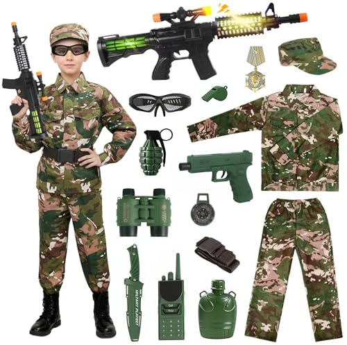 Deguisement Militaire Enfant, Camouflage Militaire Déguisements pour Enfants,Costume Militaire Enfant avec Armée Soldat Costume,Télescope,Bouilloire,Sifflets Jouet pour Halloween Carnaval Cosplay
