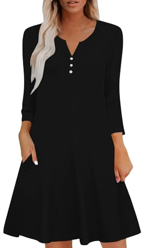 Robe d'été à manches 3/4 pour femme, robe d'été à boutons et col en V Dwon, robe t-shirt décontractée ample avec poches, a-noir, M