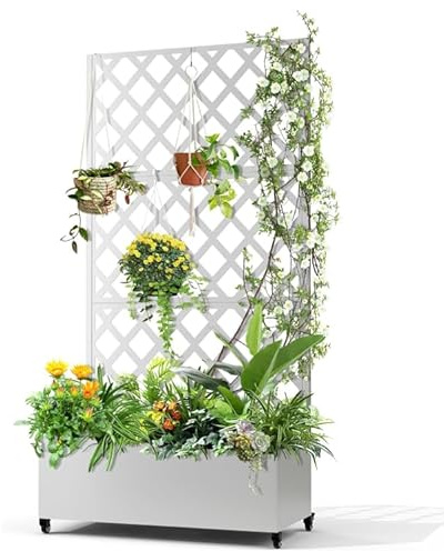 Hapihom Blumenkasten mit Sichtschutz, 120x40x180cm Pflanzkasten mit Rankgitter, Drainagelöchern & Feststellbaren Rollen, Rankhilfe aus Metall für Innen & Außen, Garten, Terrasse und Balkon - C
