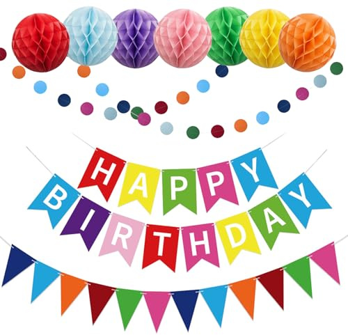 Colorful Happy Birthday Party Decorations, 10 Pcs Happy Birthday Banner with Paper Round Garlands Bunting Honeycomb Balls for Women and Men Birthdays Party Decoration Supplies