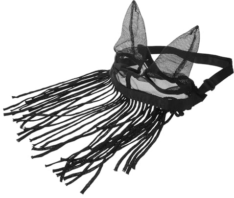 FONDOTIN Maschera per Cavalli Anti-mosche in Poliestere Nero con Orecchie e Frange, Resistente All'abrasione e Facile da Usare, per Condizioni di Caldo e Uso All'aperto