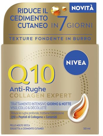 NIVEA Q10 Collagen Expert Trattamento Intensivo Giorno & Notte 50 ml, Crema Collagene viso, collo e dècolletè con Coenzima Q10, Crema antirughe viso idratante, Skincare per pelle molto secca e matura
