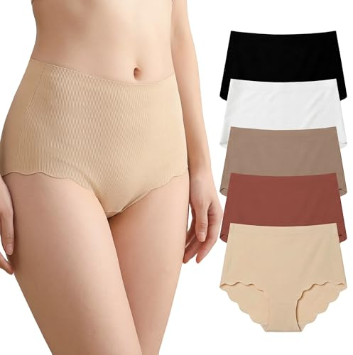 Hellomamma Bragas Alta Mujer sin Costuras: Braguitas Invisible de Microfibra Suave Elástica con Borde Ondulado Ropa Interior Cobertura Completa sin Etiquetas para Yoga y Diario Lote de 5